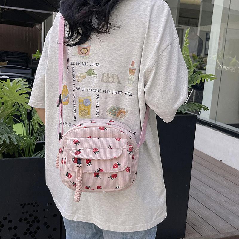 Summer Casual Versatile Strawberry Printed Canvas Phone Bag Single Shoulder Crossbody Bag