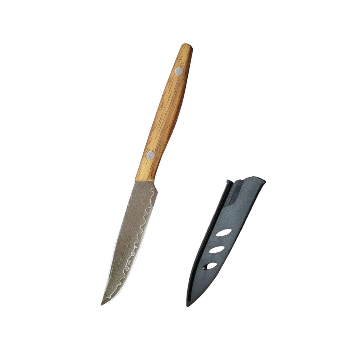 

4 Inch Paring Knife With Cover Damascus Steel Blade Sharp Peeling BBQ Cleaver Utility Kitchen Knife Wood Handle Cooking Tools