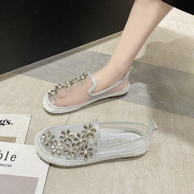 Y2k Fashion Summer Slip On Women's Mesh Breathable Shoes 2025 New In Light Casual Offer Flat Flowers Rhinestone Ladies Footwear