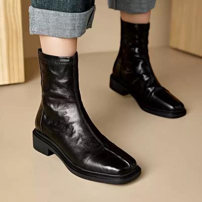 Moda NUEVAS Botas de Otoño Mujer Zapatos de Cuero Dividido para Mujer Punta Cuadrada Zapatos de Tacón Grueso Botas Modernas Casuales con Cremallera Botas de Invierno Negras