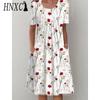 HNXC 30 Color Pleated Midi Dress Short Sleeve Round Neck Loose Hem Mid-Calf Length Women Floral A-Line Party Dress Casual Wear