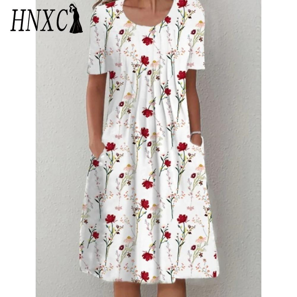 HNXC 30 Color Pleated Midi Dress Short Sleeve Round Neck Loose Hem Mid-Calf Length Women Floral A-Line Party Dress Casual Wear