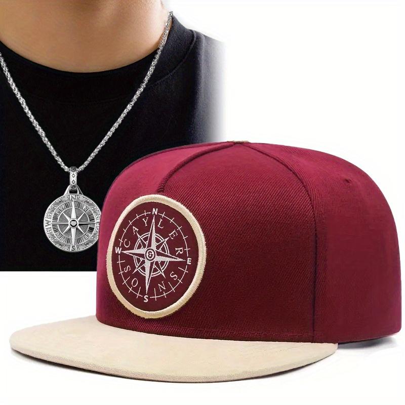 2 Stück Stickerei Flat Brim Hut Hip Hop Kappe Entenzungenkappe Mode Lässige Baseballkappe Scheibenkompass Anhänger Halskette Set Männer Frauen Sport Sonnenhut
