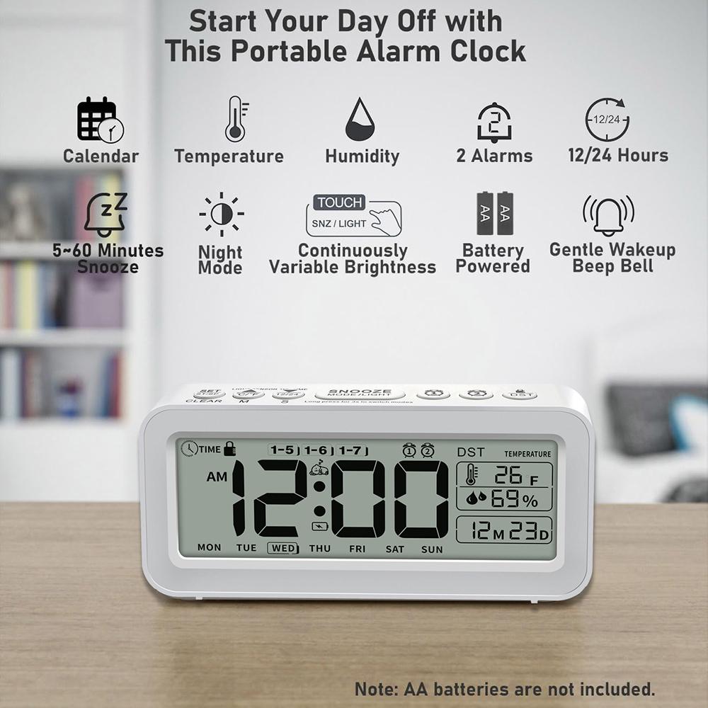 Digital Alarm Clock with Temperature Humidity Countdown LCD Calendar Weekday Display Battery Powered for Home Office Décor