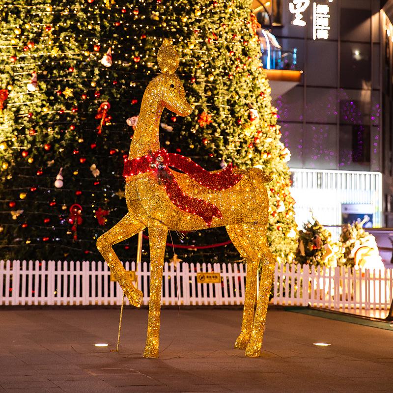 Large Luminous Wrought Iron Reindeer & Christmas Tree Ornaments for Hotel, Mall, or Garden Displays