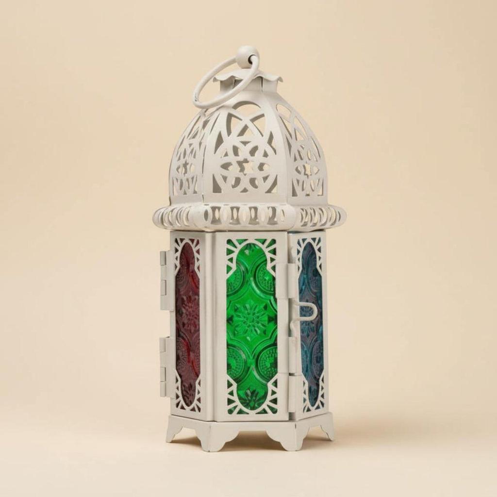 Iron Candle Holder Lantern Tealight Glass Metal Frame with Openwork Pattern And