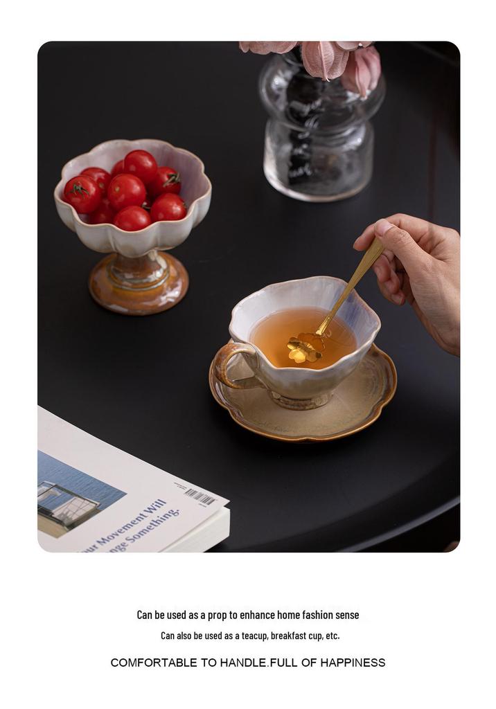 French Retro Ceramic Coffee Cup and Saucer Set with Ice Cream Bowl and Creative Leaf Design