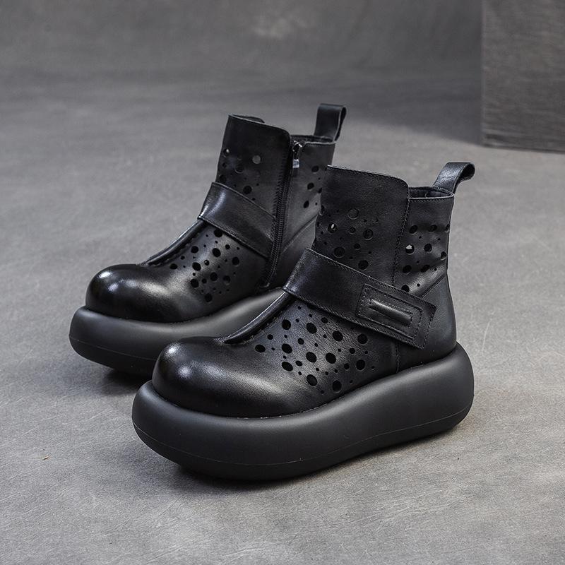 Johnature Retro Breathable Hollow-out Summer Boots Genuine Leather Short Boots Versatile Women's Flat Platform Shoes