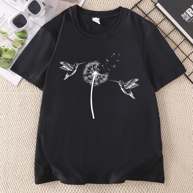 Cute Dandelion Hummingbird TShirt Unisex Ladies Nature Lovers Tee Casual Cotton Short Sleeve Animal Lover Tshirts Clothes