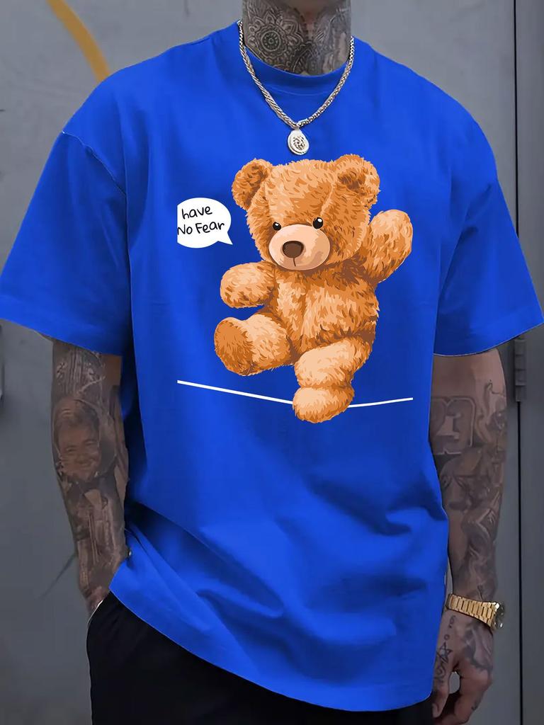 Cartoon Bear Graphic Print Men's Luxury Cotton Short Sleeved T-shirt Summer Unisex Men's and Women's Casual Loose Trendy