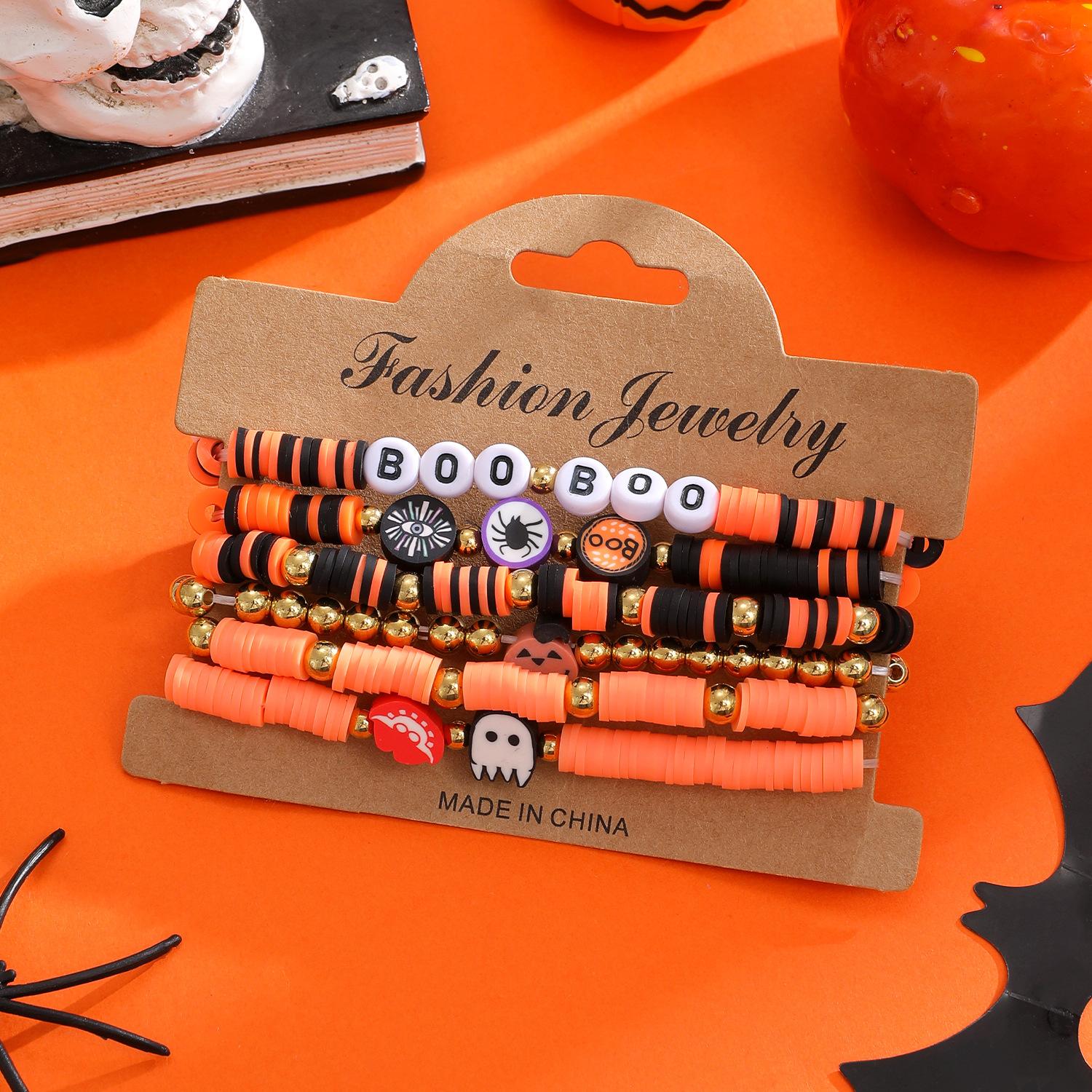 6pcs Set Cartoon Funny Pumpkin Skull Ghost Little Devil Pendant Beaded Bracelets for Women Friends Halloween Party Jewelry Set