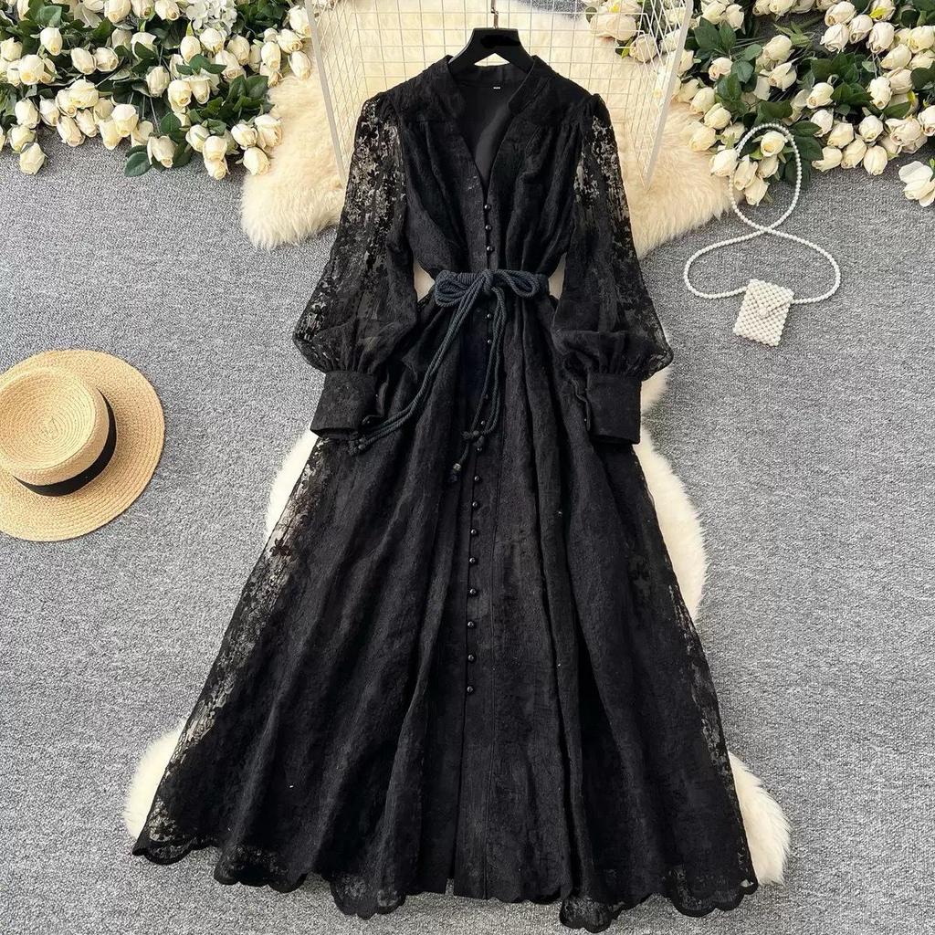 Francia Vintage Ricamo Abiti Formali Donna Estate Autunno Manica Lunga a Lanterna Pizzo Perla Ballo Serale Compleanno Abito da Festa