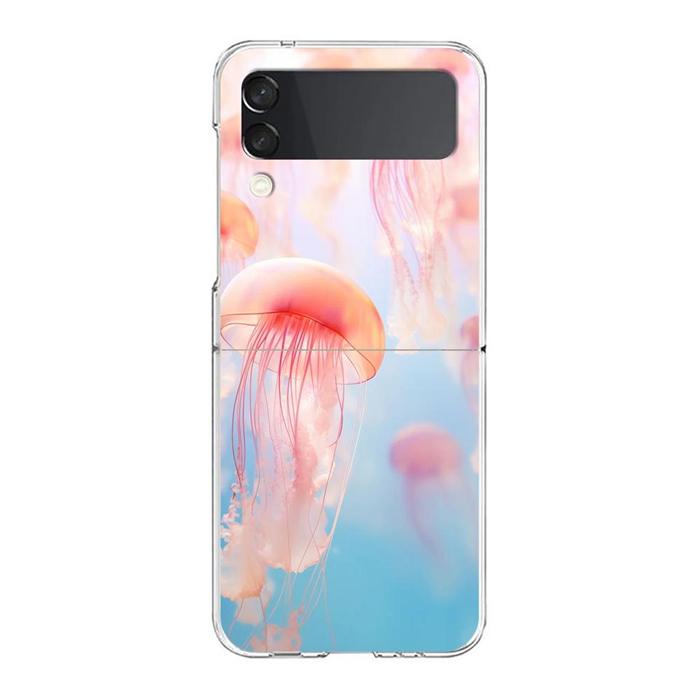 Phone Cover For Samsung Galaxy Z Flip 6 5 4 Case Transparent For Samsung Z Flip 3 Hard PC Foldable Shell Pink Jellyfish Oceanic