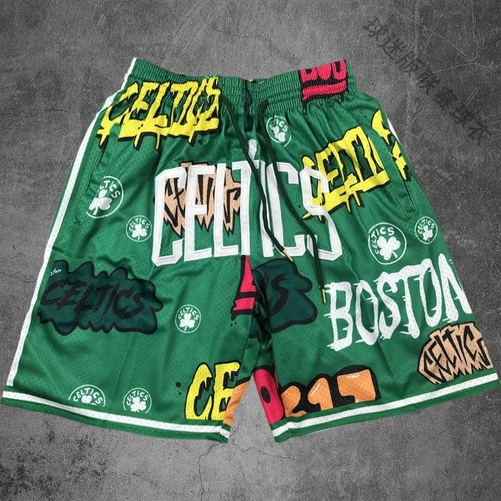 Shorts Deportivos Americanos Bordados Celtics Mixiu para Hombre Retro de Secado Rápido Transpirables Street Shorts Shorts de Baloncesto