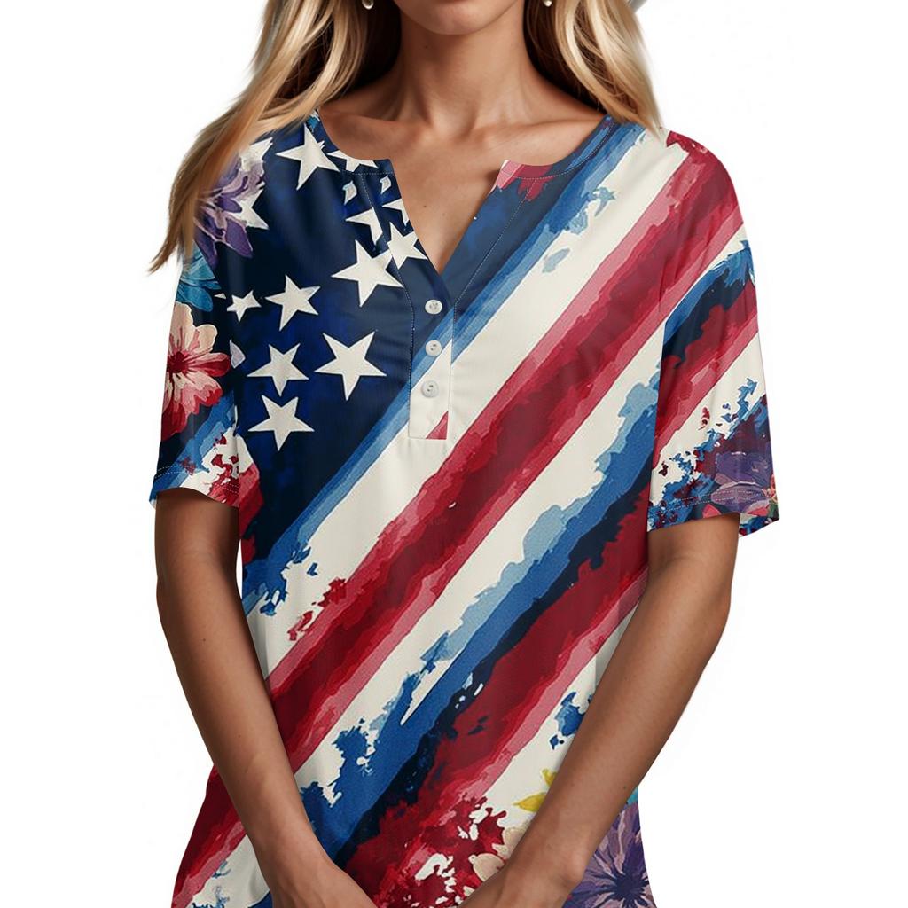 Women's Casual V Neck Short Sleeve T Shirt with Decorative Buttons and Independence Day Print Lightweight Summer Top for Everyday Wear