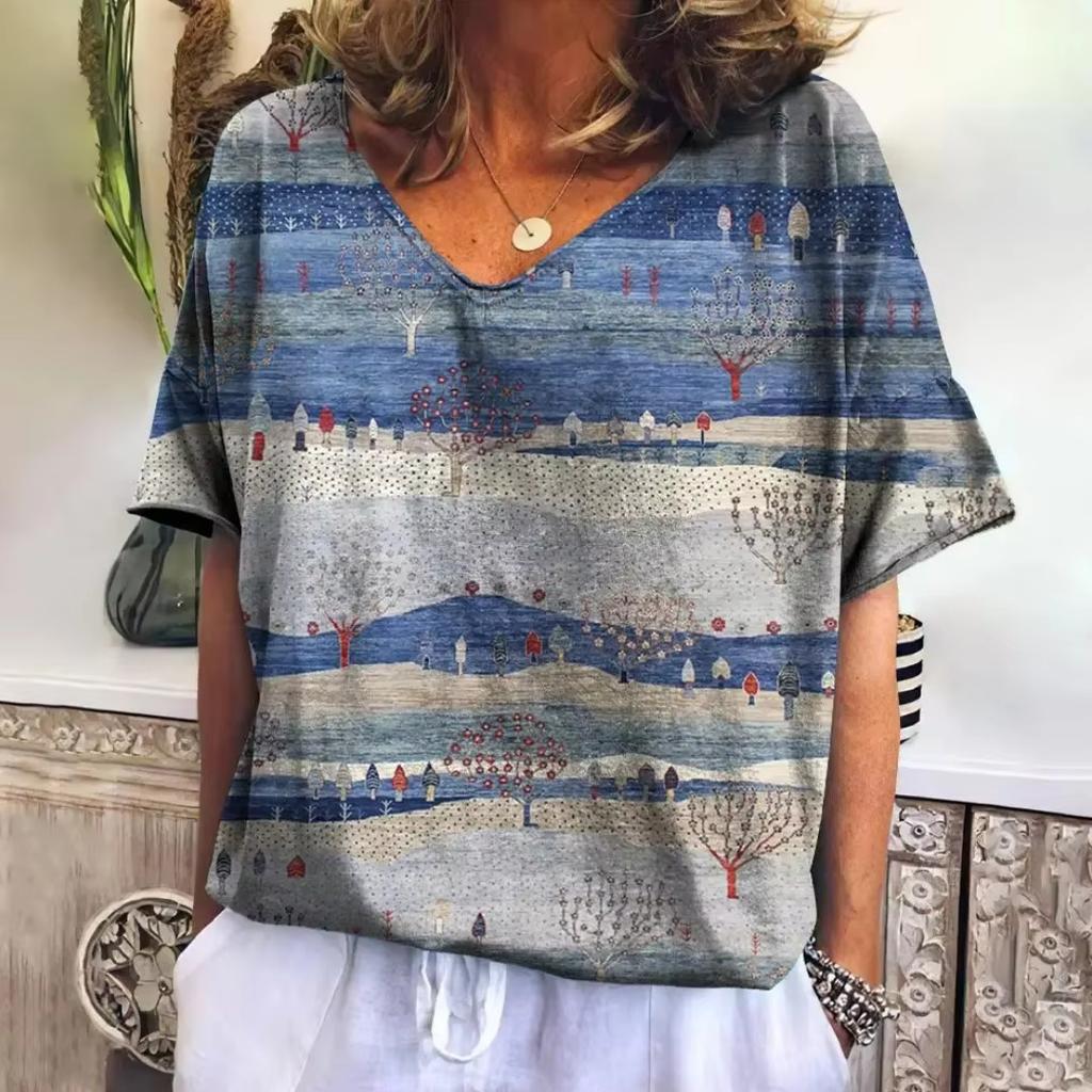 Damen V-Ausschnitt T-Shirt Sommer Casual Mode Kurzarm Neuer Trend Gestreift Harajuku Stil Locker Damenbekleidung