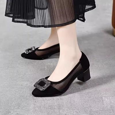 Spring and Autumn New Shallow Mouth Evening Shoes Rhinestone Temperament Work Shoes Not Tired Feet Thick Heel Single Shoes Women