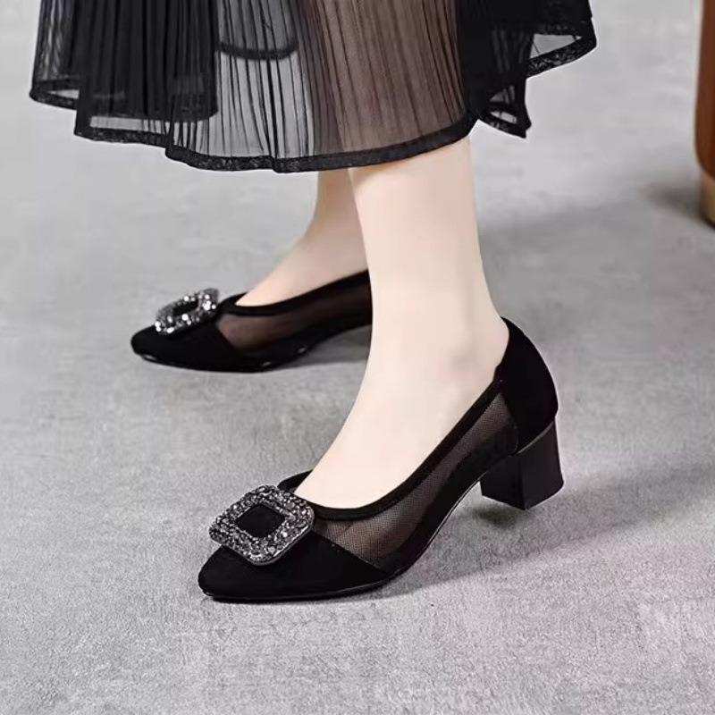 Spring and Autumn new shallow mouth evening shoes rhinestone temperament work shoes not tired feet thick heel single shoes women