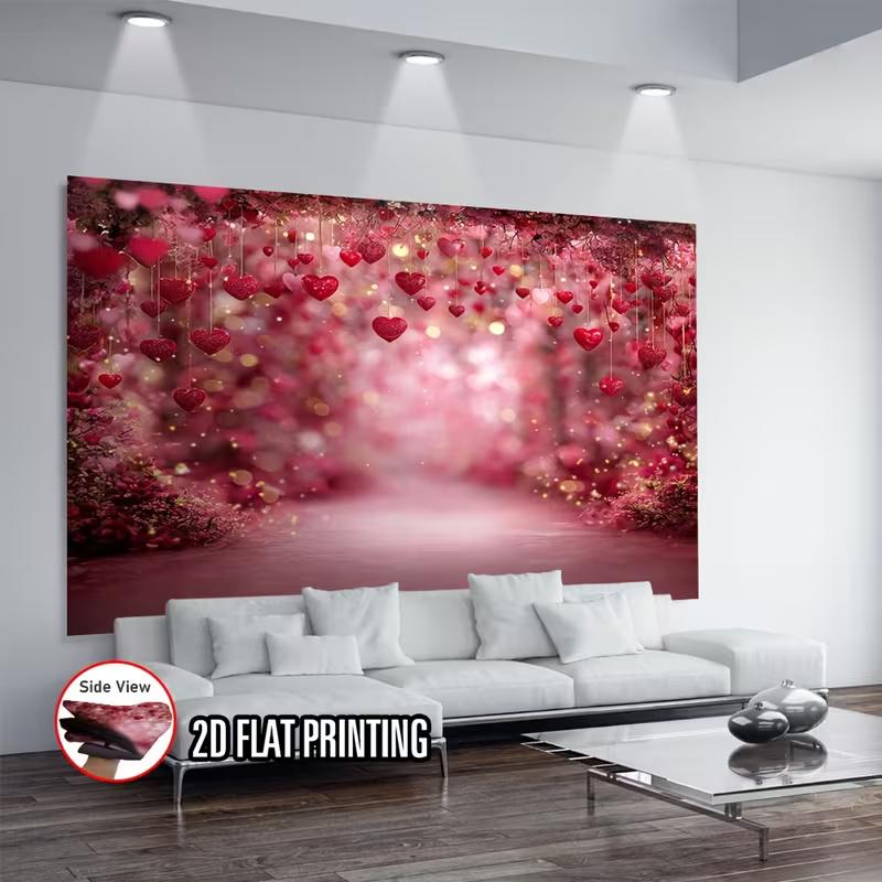 2D Enchanted Red Hanging Hearts Backdrop with Bokeh Lights
