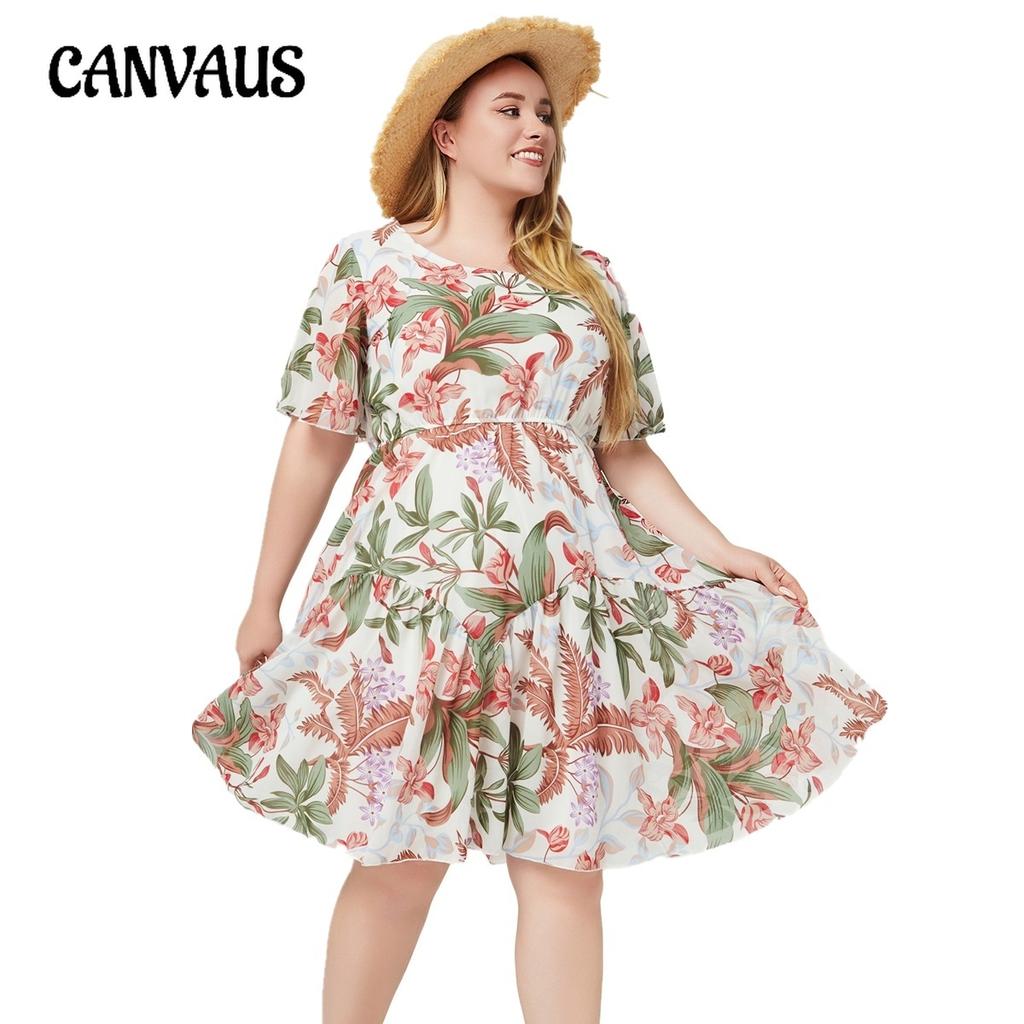 Plus Size Women's Dress Summer Round Neck Short Sleeve Printed Chiffon Dresses