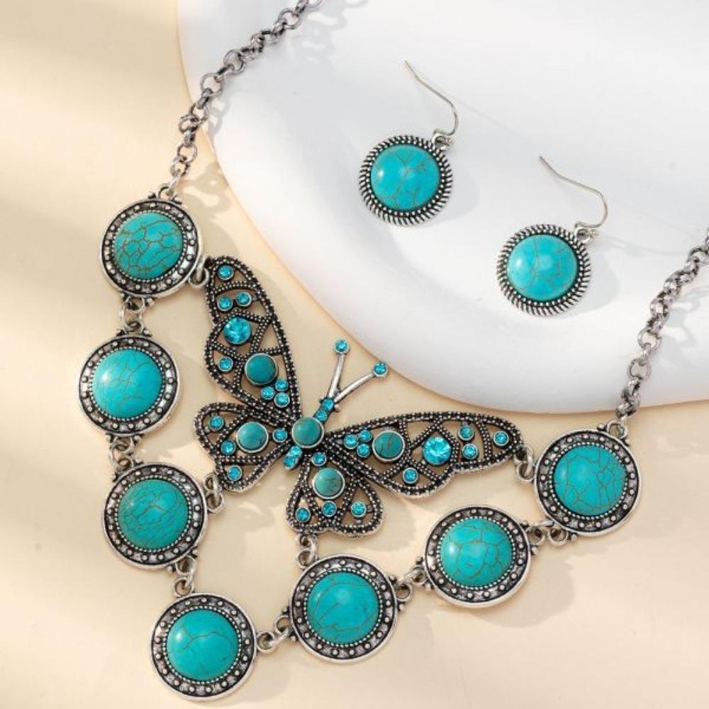 Exaggerated Bohemian Vintage Turquoise Butterfly Necklace Earrings Set Ornament