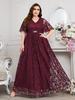 Elegant Navy Blue Lace Maxi Dress with V-Neck, Belted Waist, and Floral Embroidery