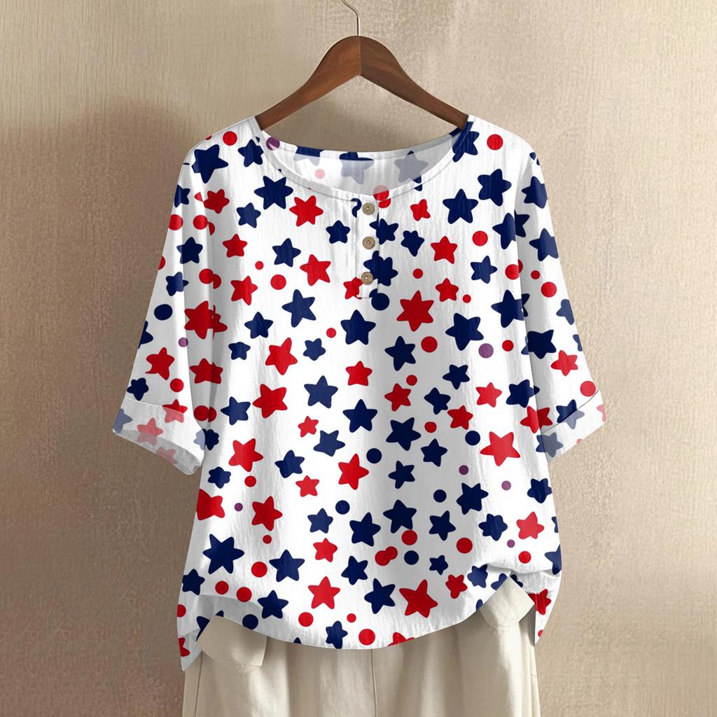 Women's Fashionable And Casual Shirt Half-sleeve Round Neck Print Cotton And Linen Blouse Top
