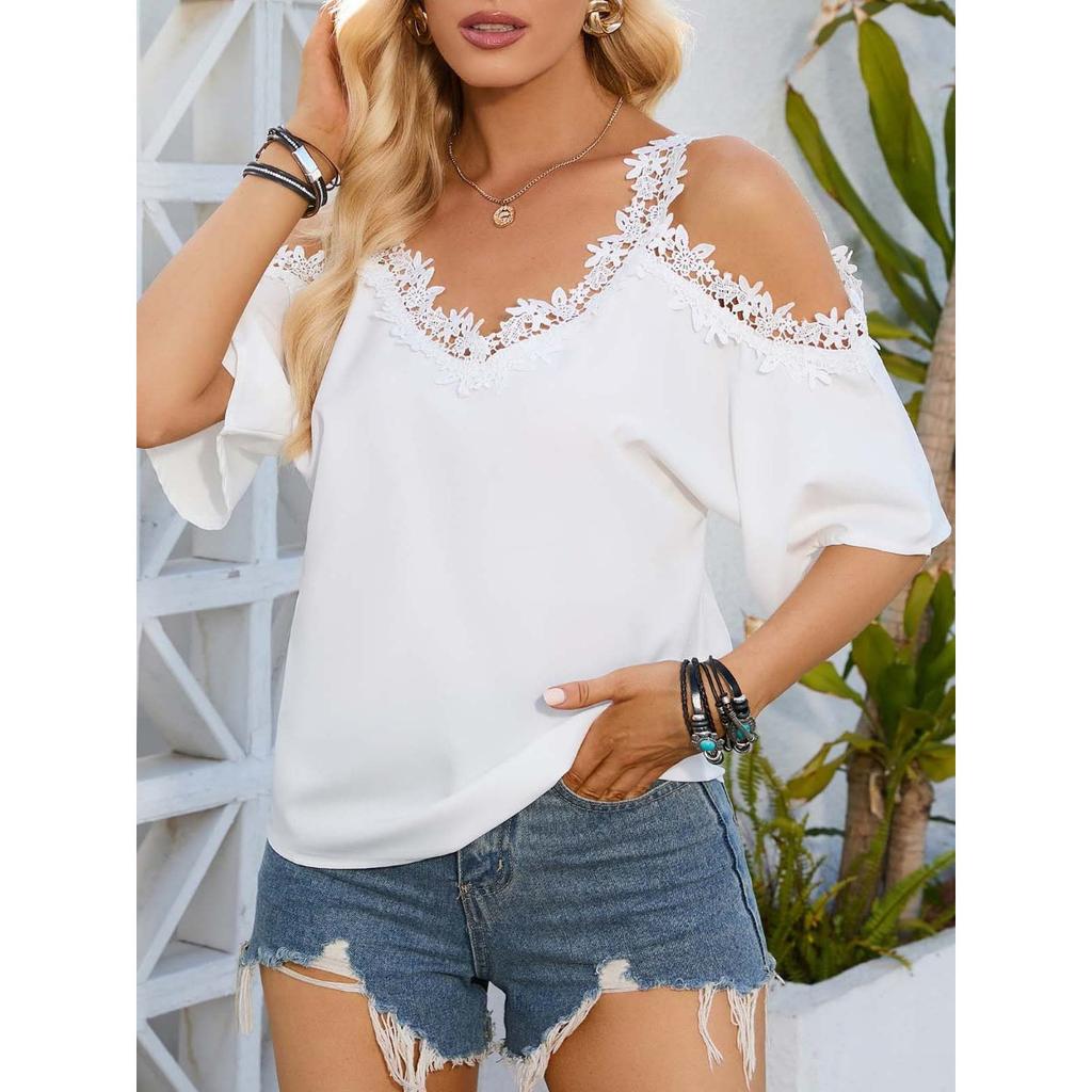 Blusa Sexy da Donna Estiva Stile Europeo Americano Scollo a V Manica Corta Spalle Scoperte con Spalline in Chiffon