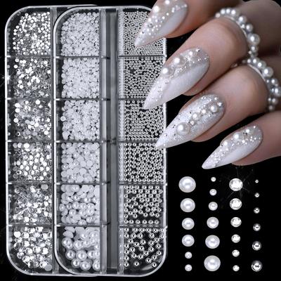 Boîte de Perles 3D Blanc Argenté Clou Plat Strass Perles Caviar Tailles Mixtes Décoration Nail Art Charms Ongles DIY Bijoux
