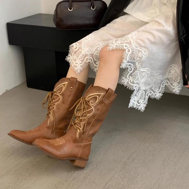 2025 Retro Style Embroidery Sewing Round Toe High Heels Women Boots Solid Color Lace Up Sexy Western Casual Elegant Cowboy Shoes