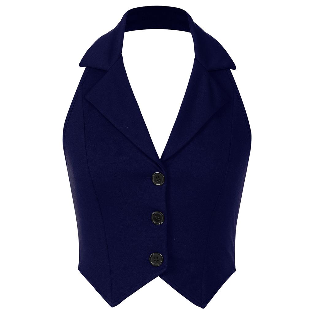 Women Halter Backless Cropped Vest Tops Button Down Dressy Waistcoat Lapel Collar Casual Jackets