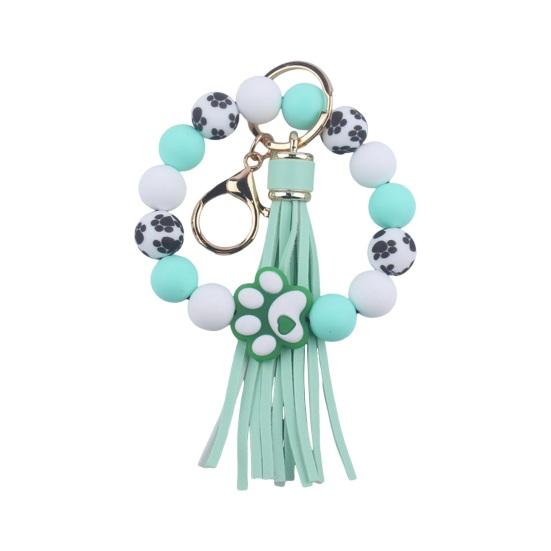 Silicone Beaded Bracelet Keychain Dog Paw Pattern Wrist Keychain with Faux Leather Tassel Charm