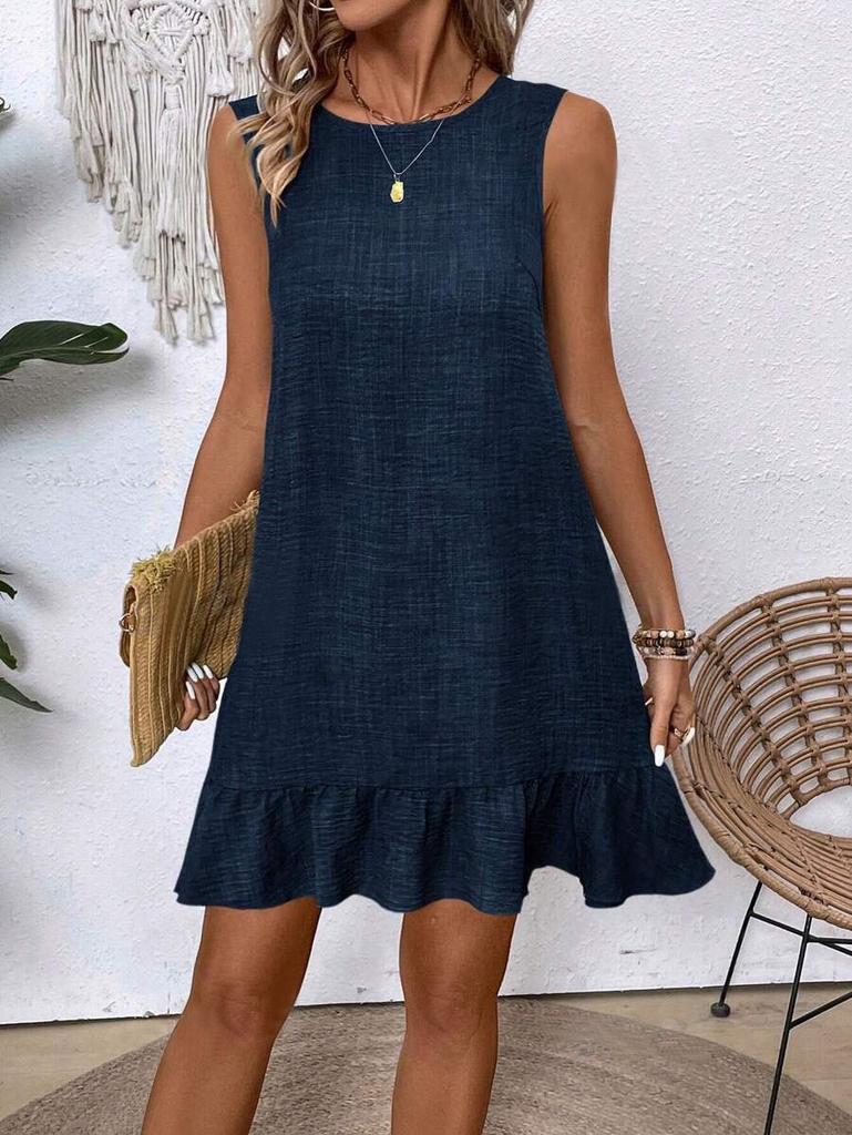 Women's Round Neck Sleeveless Mini Dress Loose Mid Waist A Line Dress Ruffle Hem Solid Polyester Casual Summer Beach Outfit