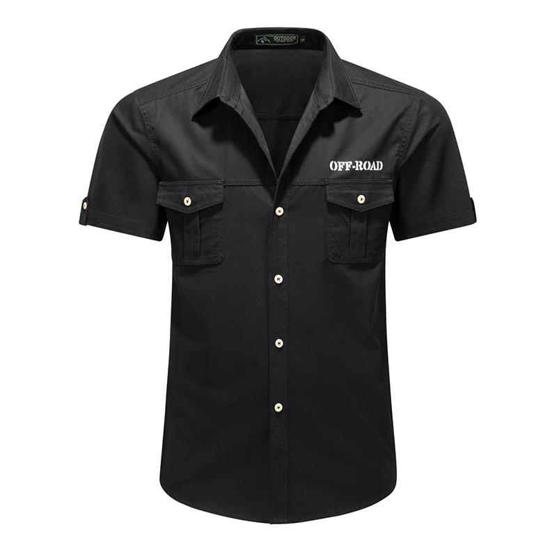 Casual Work Shirt Mens Solid Color Turn Down Collar Double Pocket Short Sleeve Casual Work Shirt