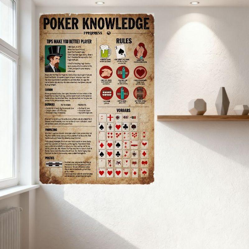 Vintage Pokerové Znalosti Infografika Kovový Plechový Značka, Tipy pro Pokrok & Pravidla (Jednání, Blufování) Nástěnná dekorace pro bar, pánský doupě, domov C