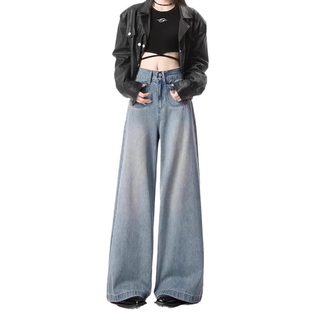 Women's Light Blue High-Waisted Wide-Leg Jeans - 2024 Spring/Autumn, Loose Casual Slimming Fit