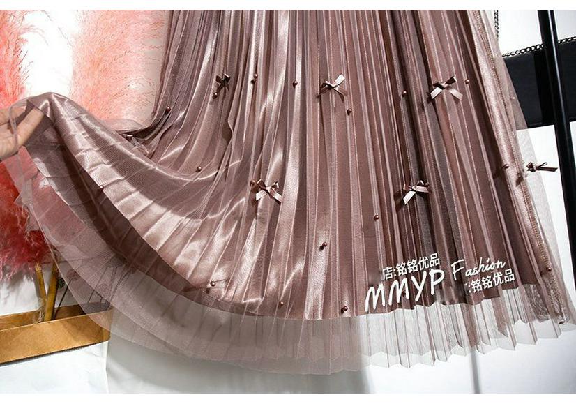 Double-Sided Mesh Beaded Pleated A-Line Bowknot Skirt - Slimming Summer 2025 Style