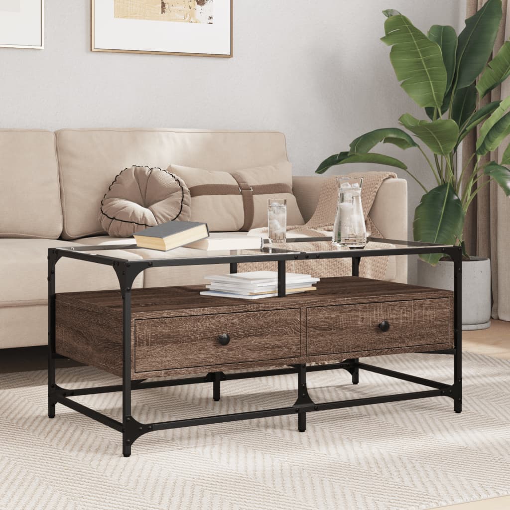 Coffee Table with Glass Top Brown Oak Effect 98.5 x 50 x 45 cm Steel