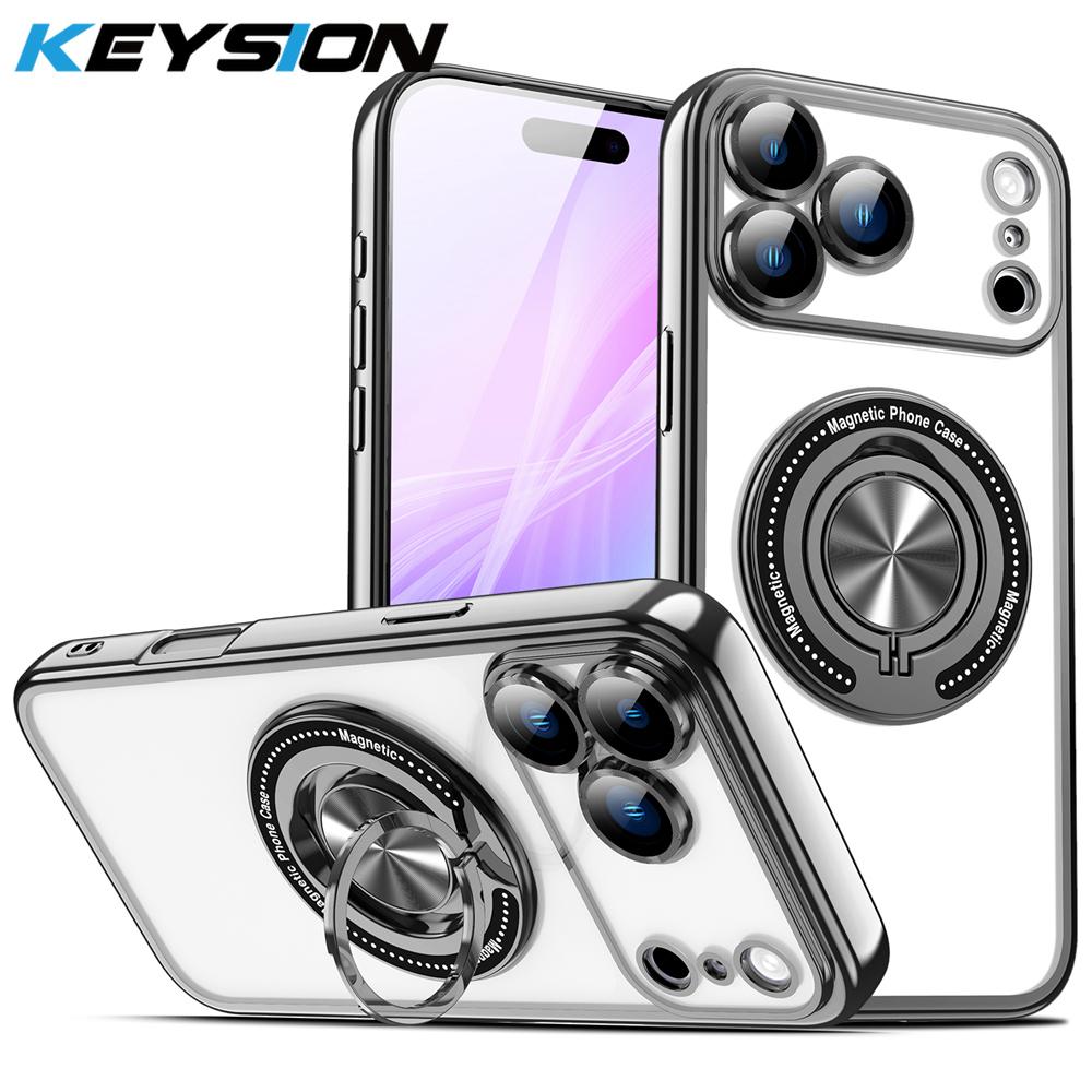 

KEYSION Plating Transparent TPU Magnetic Case for MagSafe for iPhone 16 17 Pro Max 17 Air PC Ring Stand Lens Protect Phone Cover for iPhone 17 чёрный