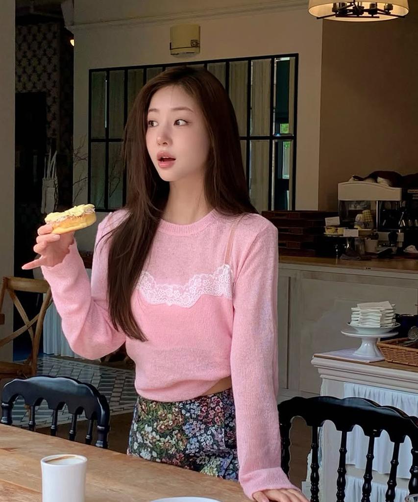 SINOON Lace Patch Sheer Knit (Pink)