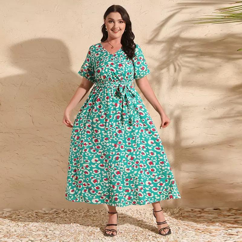Plus Size V Neck Floral Print Boho Dress Women Summer Short Sleeve Maxi Dresses Holiday A-line Female Belted Dress