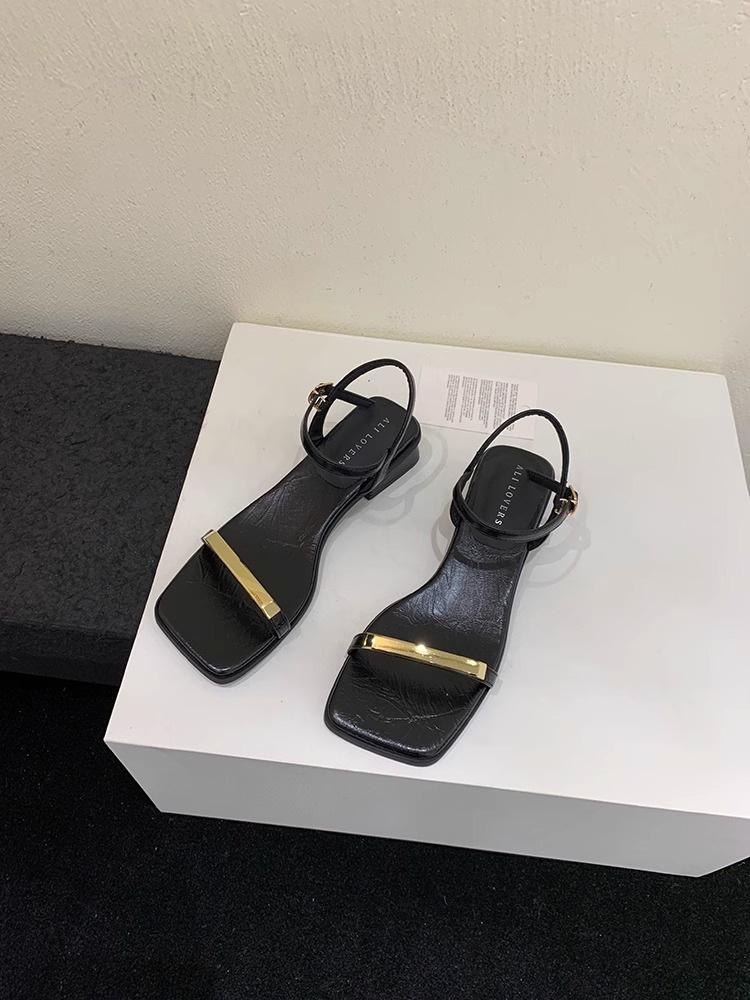 

Fashion open-toed square heel with sandals women s 2025 summer new metal jewelry casual middle heel work shoes 39 чёрный