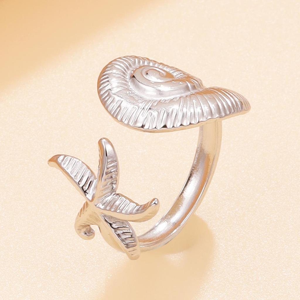 Stylish Ocean Animal Ring: Starfish & Seashell Design, Stainless Steel, Adjustable Open Band