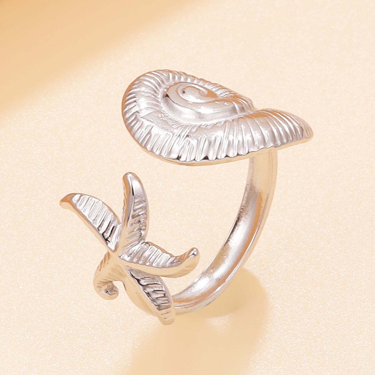 Fresh Holiday Ocean Series Starfish & Seashell Open Ring - Colorfast Stainless Steel