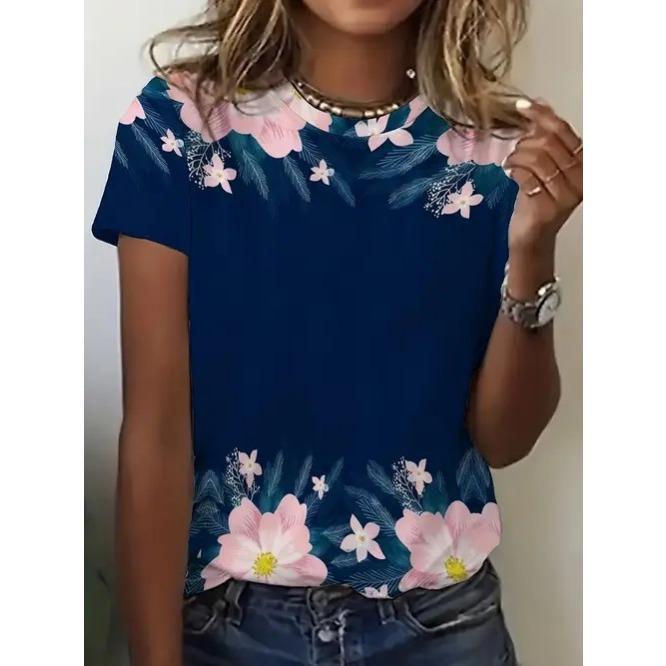 Summer Elegant Temperament Retro 3D Flower Pattern Printed Round Neck Short Sleeved Women's T-shirts