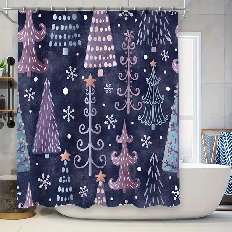 

Christmas Tree Shower Curtain Festive Decor For Your Bathroom Dark Blue And Pink Printed Fabric Waterproof Bath Mat Cover Size 7 W60H190(CM)-1 Pcs