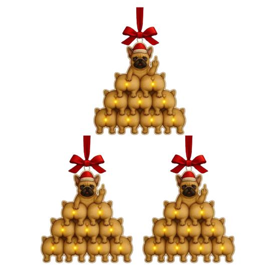 1/2/3/4Pcs Christmas Acrylic Bulldog Hanging Decoration Car Rearview Mirror Xmas Tree 2D Flat Santa Hat Dog Hanging Ornament Holiday Party Pendant