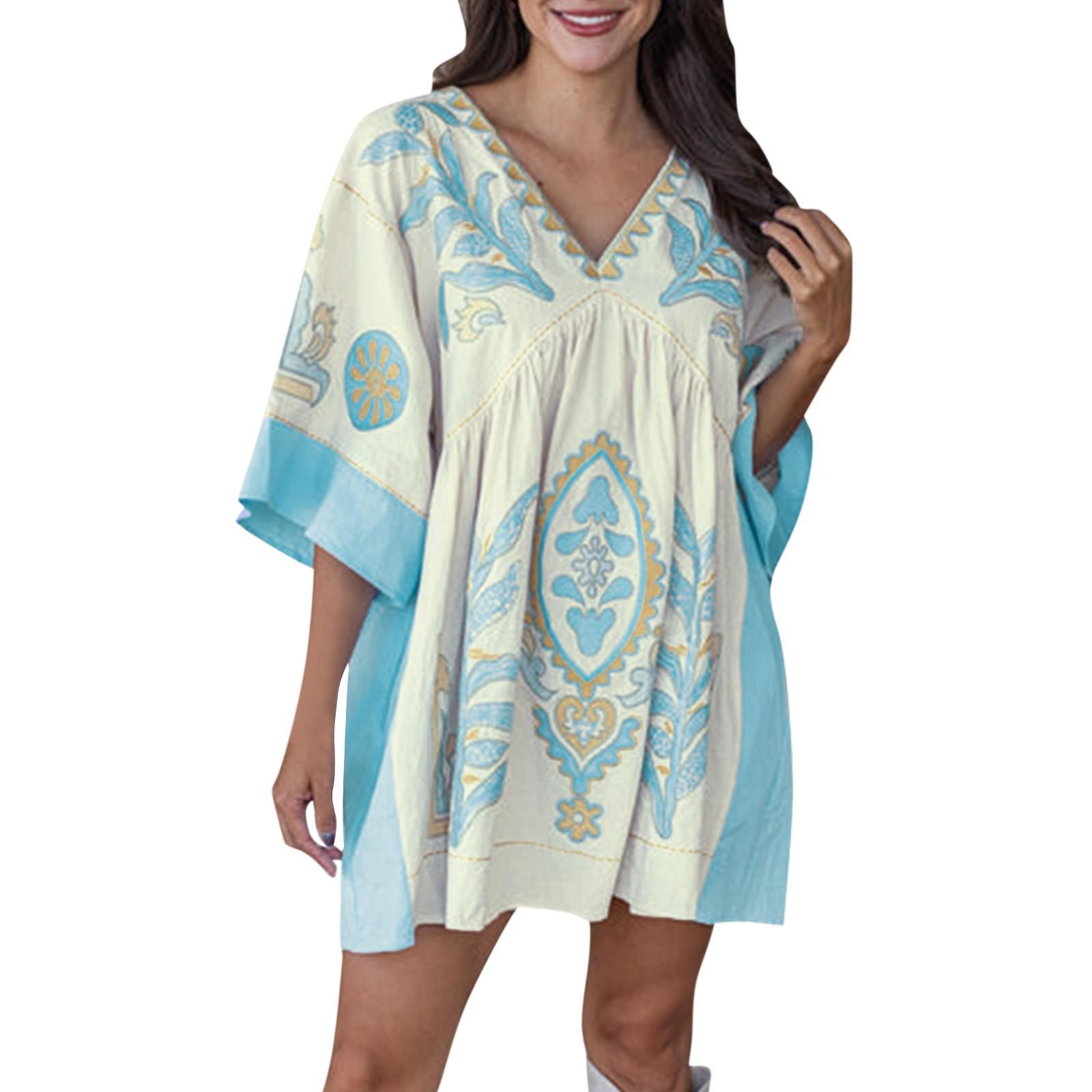 

Женское платье с принтом, V-образным вырезом и рукавами 3/4, свободное винтажное платье-бэбидолл с принтом XL синий