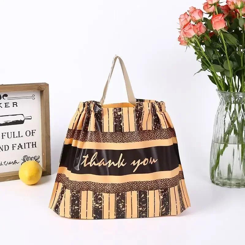 

50pcs 0.16mm Thick Drawstring Bag Flower Cartoon Pattern Gift Shopping Handbag Dining Takeaway Portable Plastic Packaging Pocket 30x20x10cm