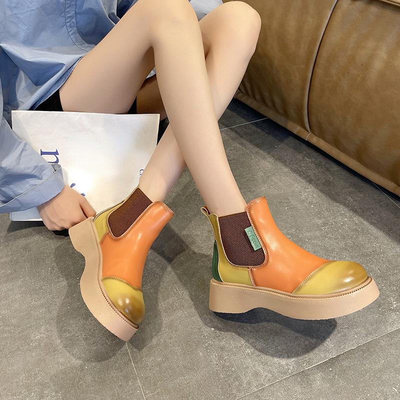 Chelsea Ankle Boots Women Platform Shoes Fashion Mixed Colors Slip-on Round Toe Mid Heel Ankle Boots Goth Designer Party Shoes